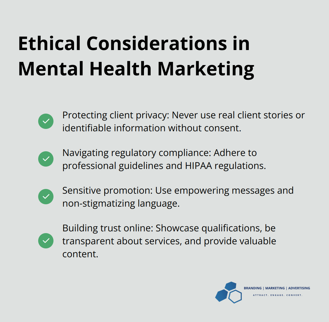 Checkmark list of four key ethical considerations in mental health marketing