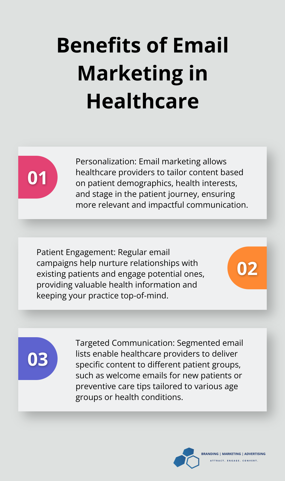 Ordered list chart showing three key benefits of email marketing in healthcare: personalization, patient engagement, and targeted communication.