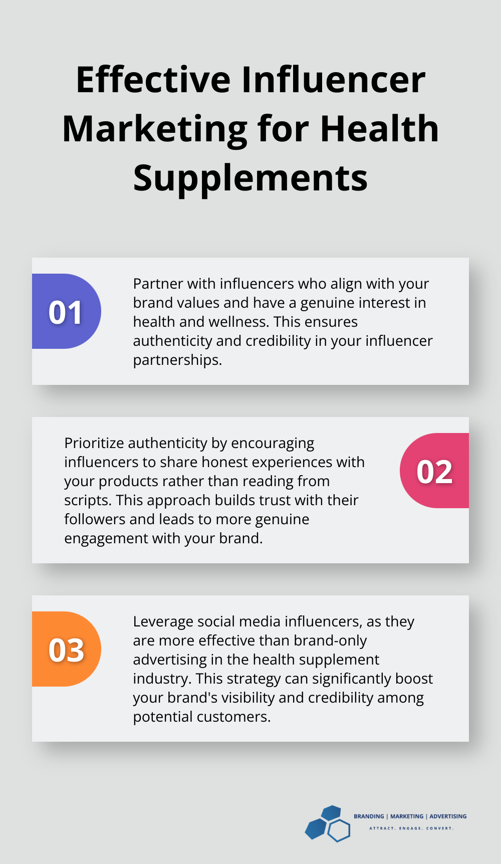 Ordered list chart showing three key points about effective influencer marketing in the health supplement industry