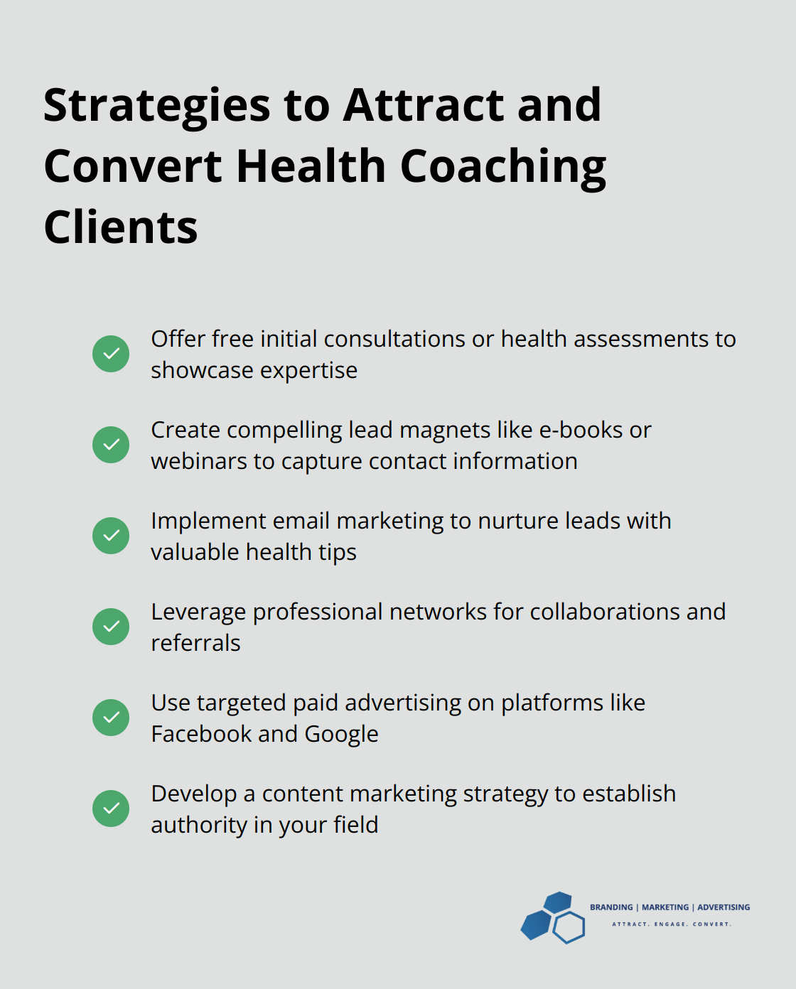 Checkmark list of effective strategies for attracting and converting health coaching clients