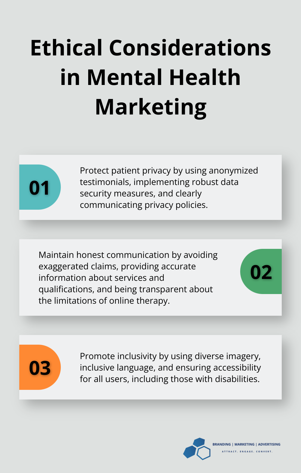 Ordered list chart showing three main ethical considerations in mental health marketing: protecting patient privacy, maintaining honest communication, and promoting inclusivity. - mental health digital marketing