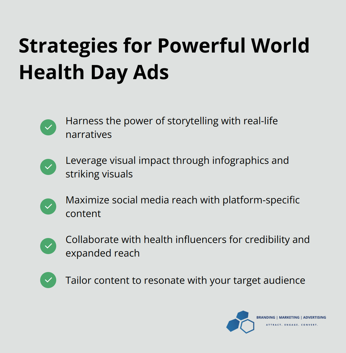 A checkmark list showing five key strategies for creating powerful World Health Day advertisements - world health day creative ads